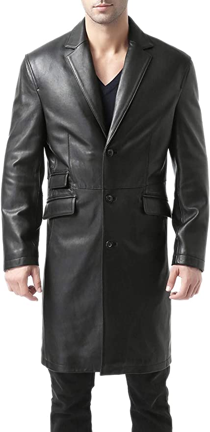 100% Genuine Leather Black Trench Coat For Men