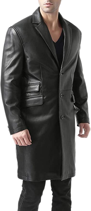 100% Genuine Leather Black Trench Coat For Men