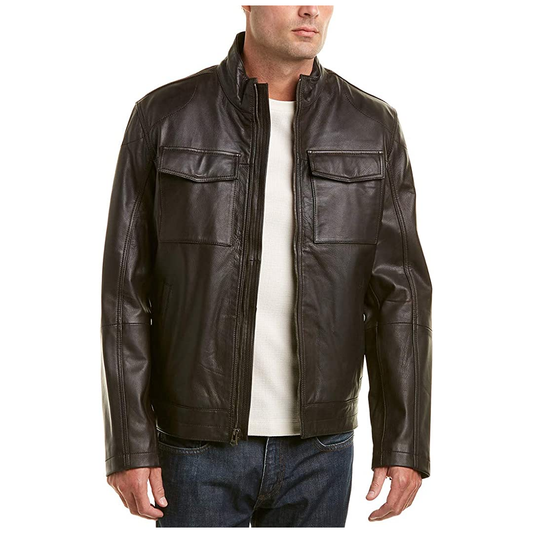 Double Pocket Genuine Lambskin Black Leather Jacket for Men