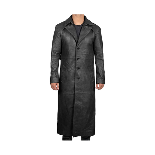 Men Genuine Lambskin Leather Trench Coat Black Long Coat