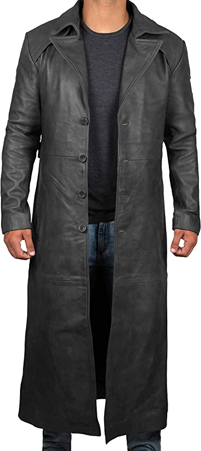 Men Genuine Lambskin Leather Trench Coat Black Long Coat