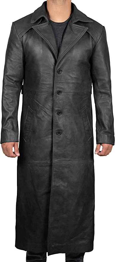 Men Genuine Lambskin Leather Trench Coat Black Long Coat