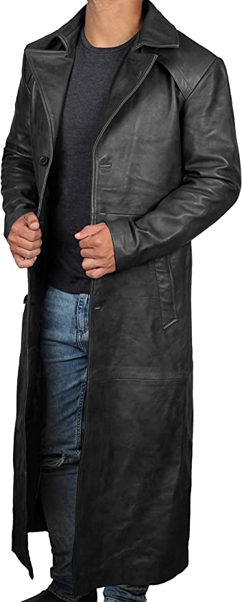 Men Genuine Lambskin Leather Trench Coat Black Long Coat