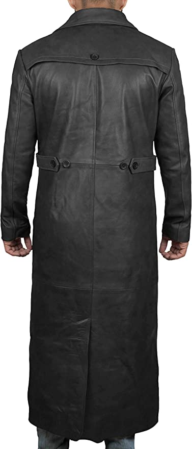 Men Genuine Lambskin Leather Trench Coat Black Long Coat