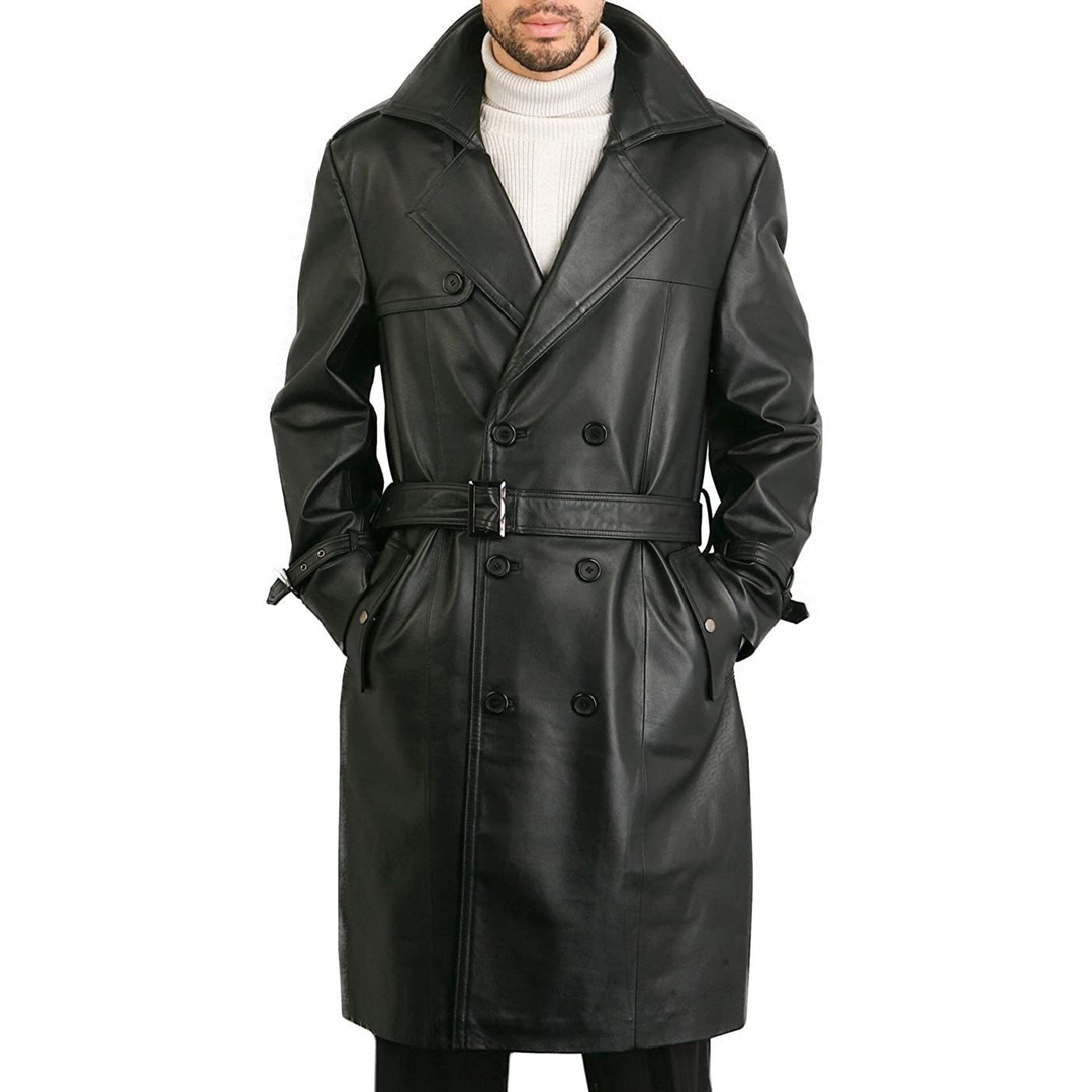 Men Belted Black Real Leather Trench Coat