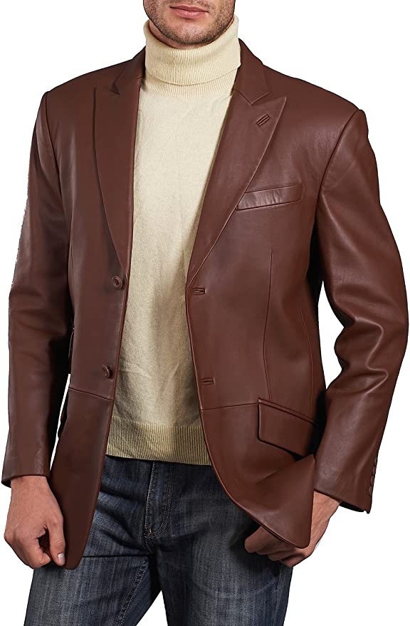 Luxury Brown Real Lambskin Leather Blazer for Men