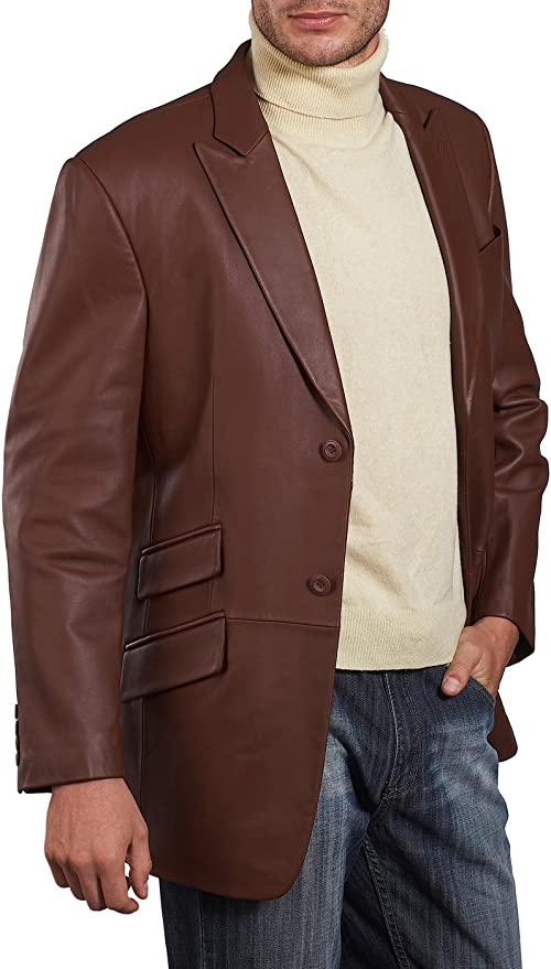 Luxury Brown Real Lambskin Leather Blazer for Men