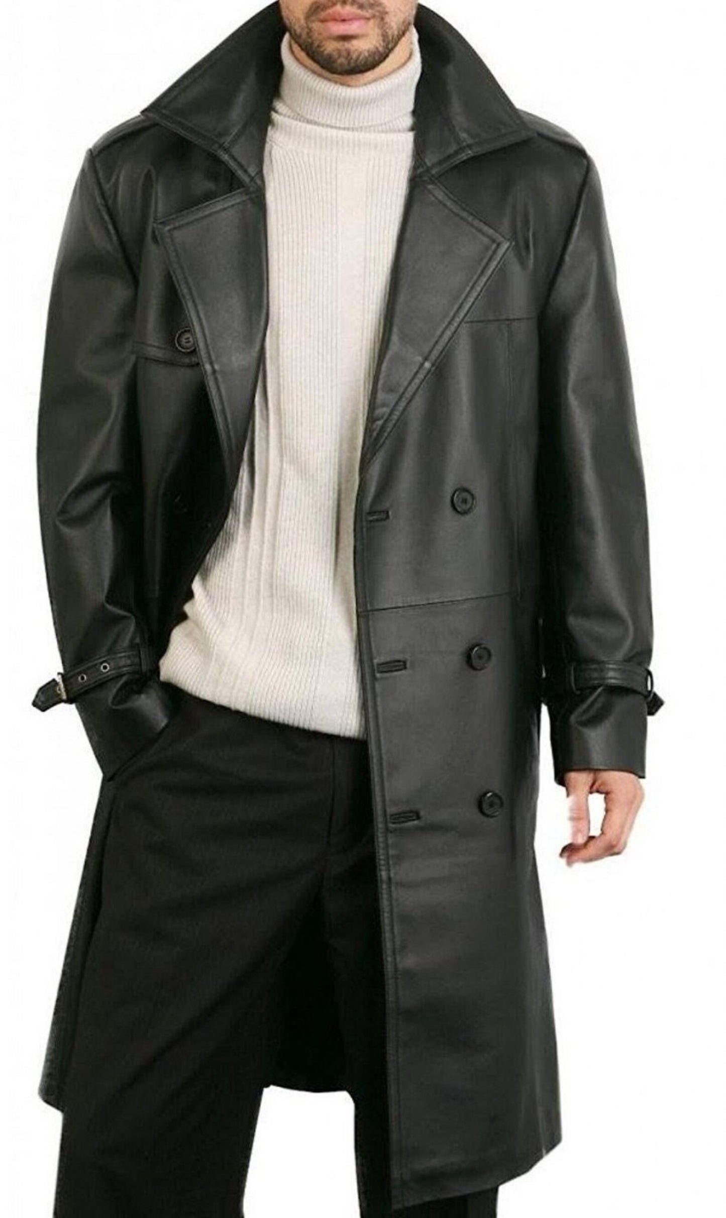 Men Belted Black Real Leather Trench Coat