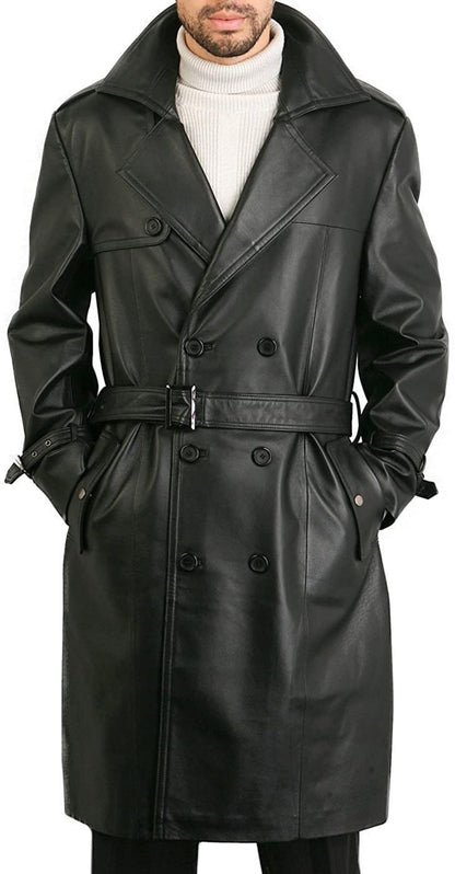 Men Belted Black Real Leather Trench Coat