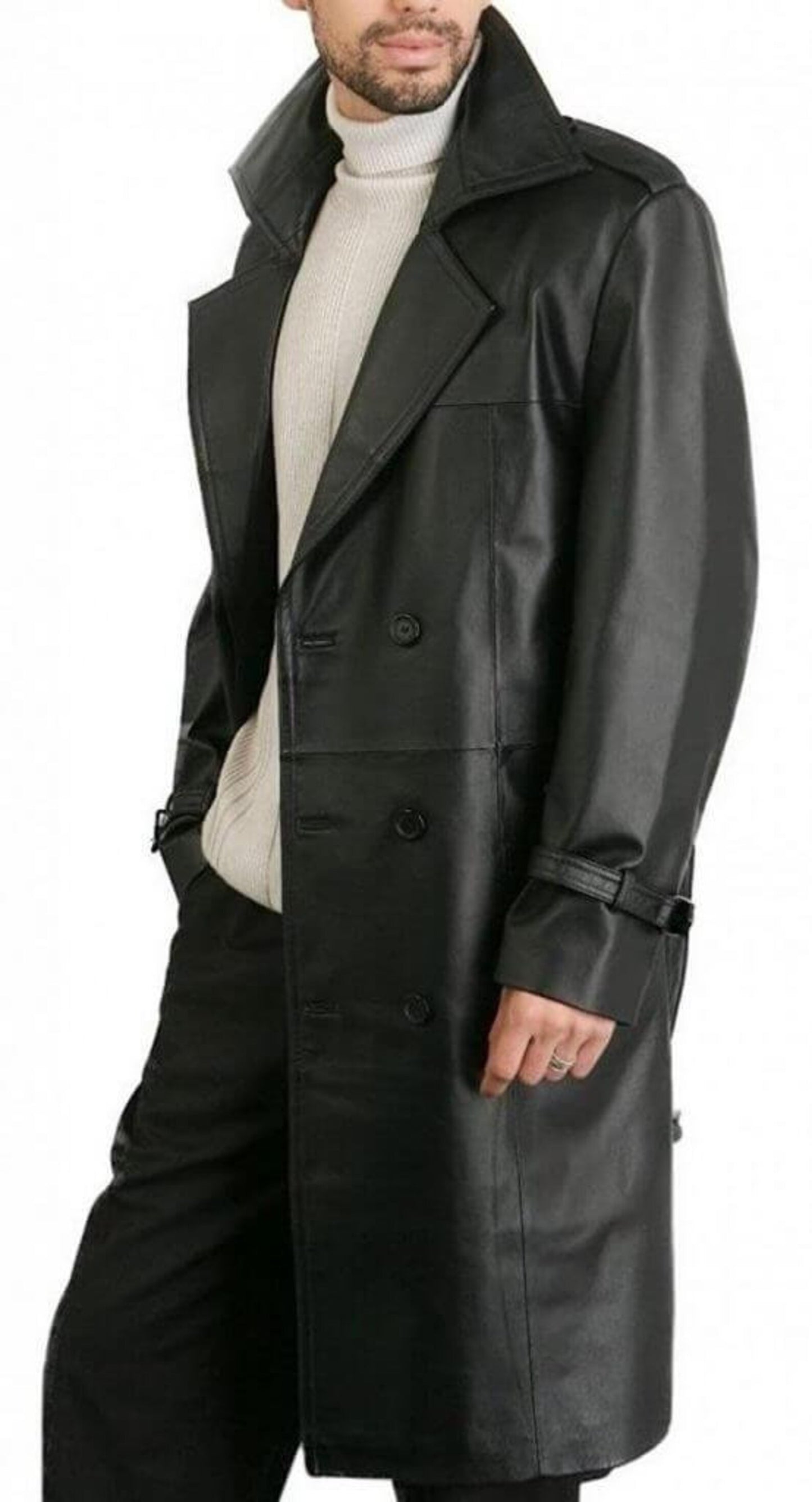 Men Belted Black Real Leather Trench Coat