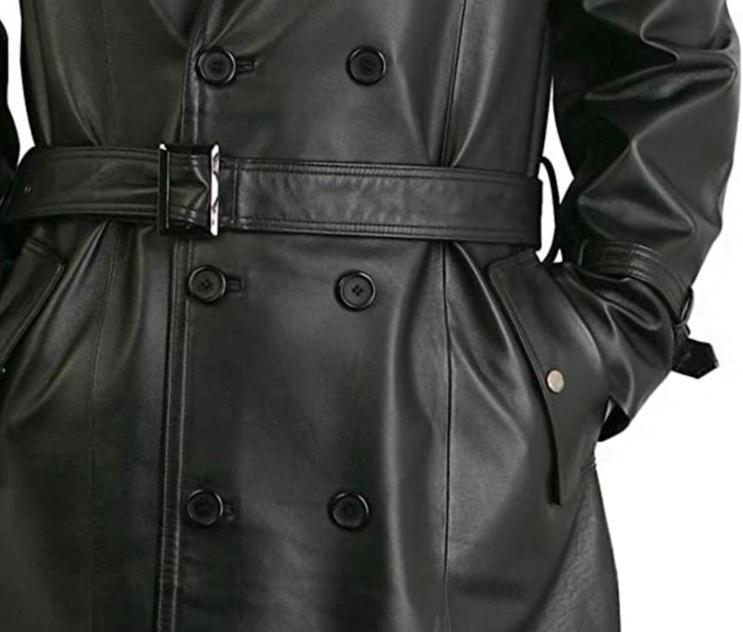 Men Belted Black Real Leather Trench Coat