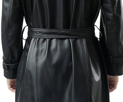 Men Belted Black Real Leather Trench Coat