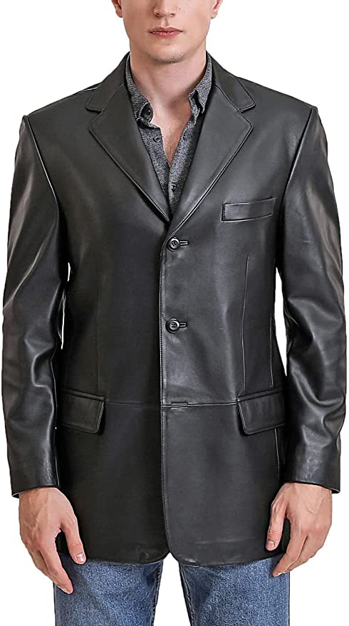 Three Button Black Genuine Leather Premium Blazer