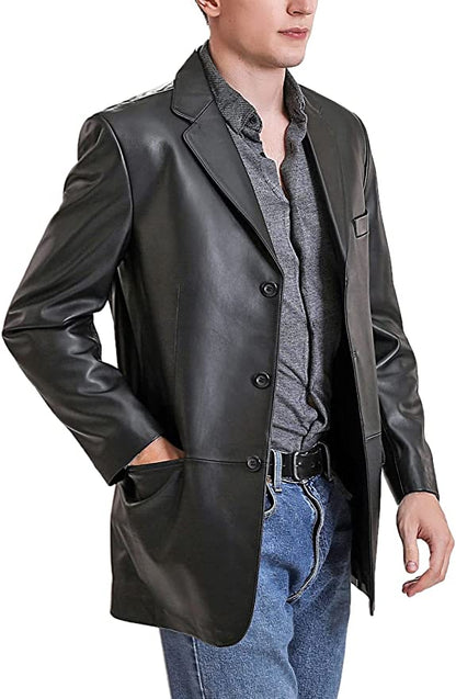 Three Button Black Genuine Leather Premium Blazer