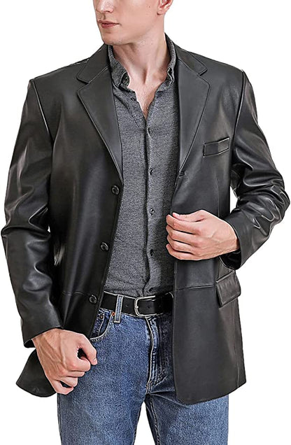 Three Button Black Genuine Leather Premium Blazer