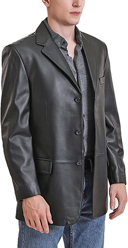 Three Button Black Genuine Leather Premium Blazer