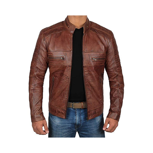 Men Round Collar Brown Leather Jacket