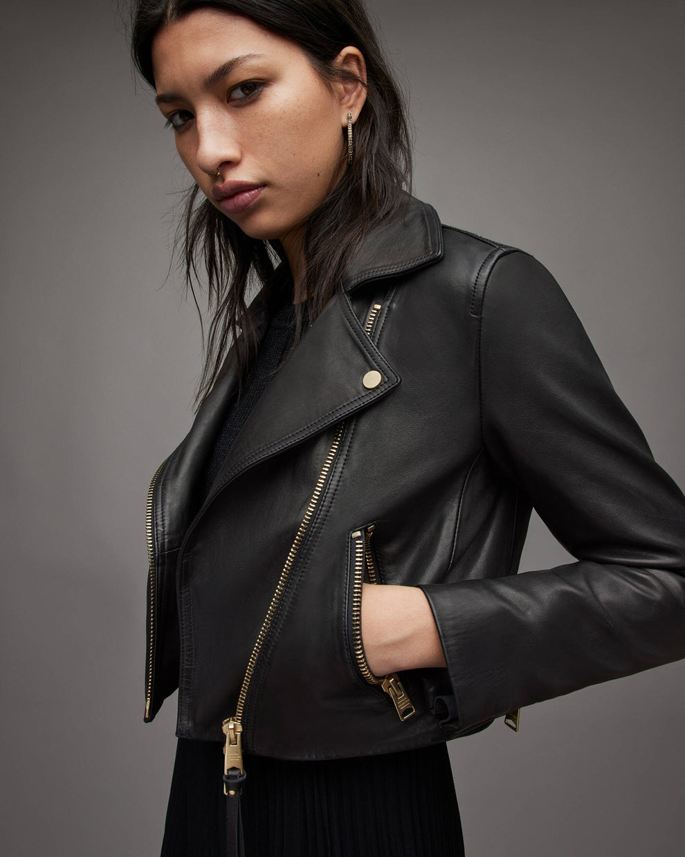 Women's Cropped Genuine Lambskin Leather Biker Jacket With Gold Tone Zippers