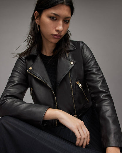 Women's Cropped Genuine Lambskin Leather Biker Jacket With Gold Tone Zippers