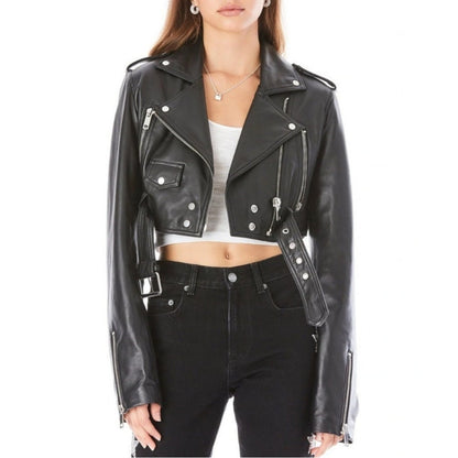 Women's New Cropped Motorcycle Jacket Made with Genuine Lambskin Leather Jacket