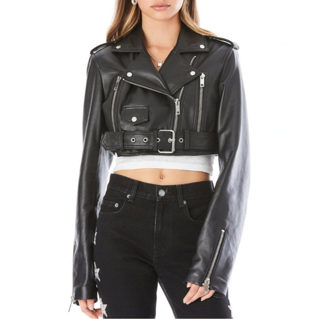 Women's New Cropped Motorcycle Jacket Made with Genuine Lambskin Leather Jacket