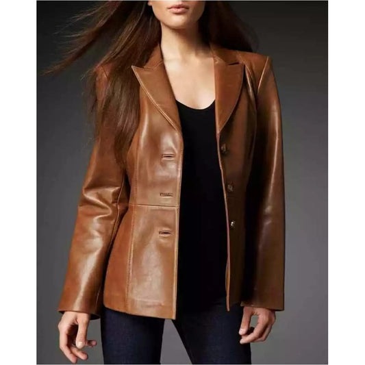 Women's Premium Tan Lambskin Leather Jacket – 3-Button Design