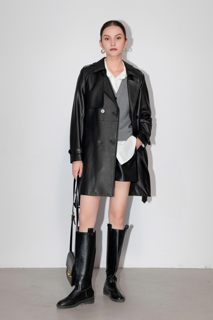 Women's Stylish Short Trench Coat Made with Real Lambskin Leather