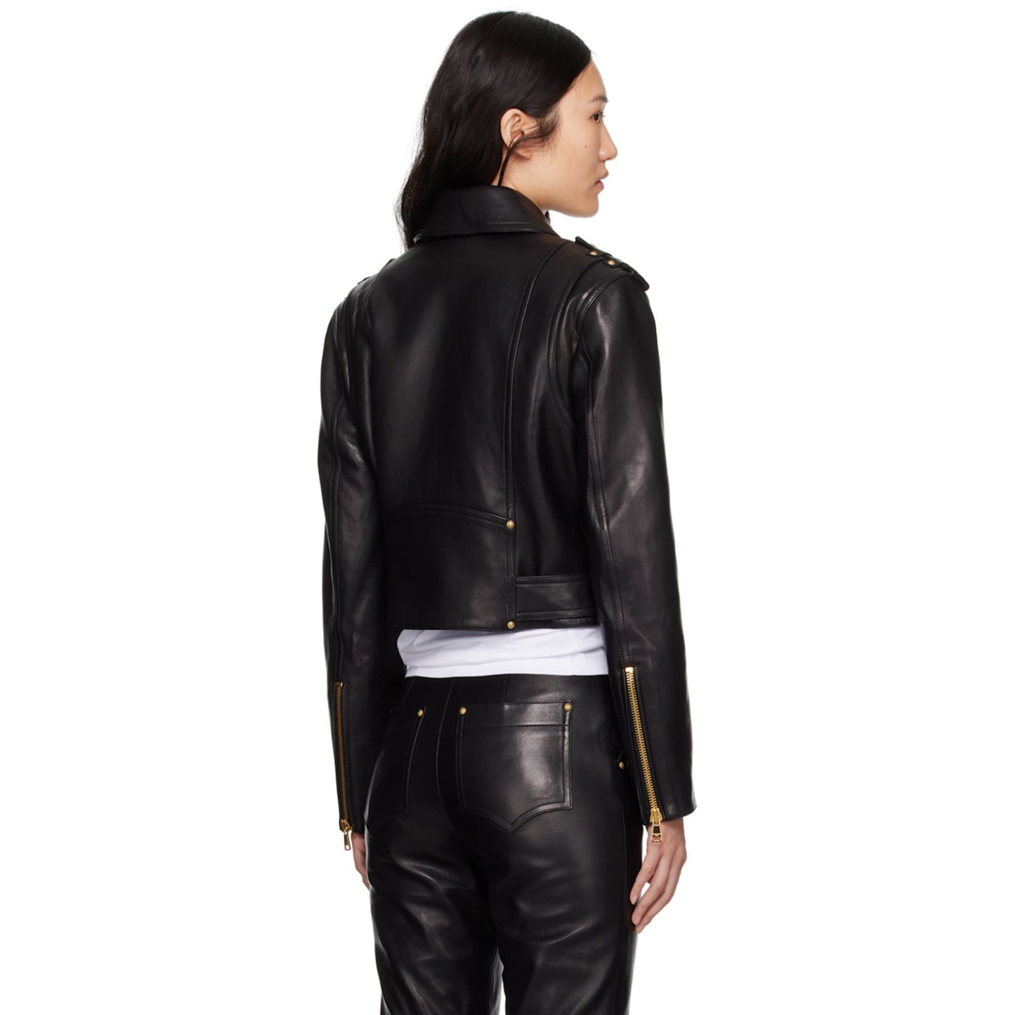 Women's Genuine Lambskin Leather Motorcycle Jacket with Golden Zip