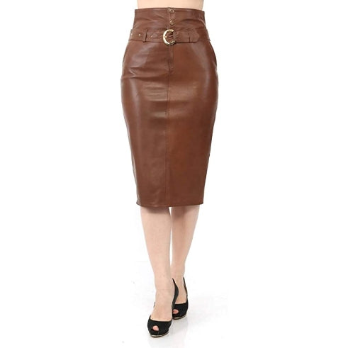 Women's Genuine Lambskin Leather Knee Length Skirt