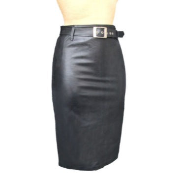 Women's Knee Length Black Belted Leather Skirt