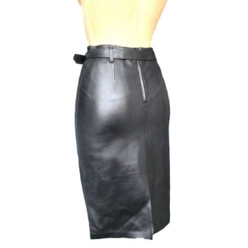 Women's Knee Length Black Belted Leather Skirt