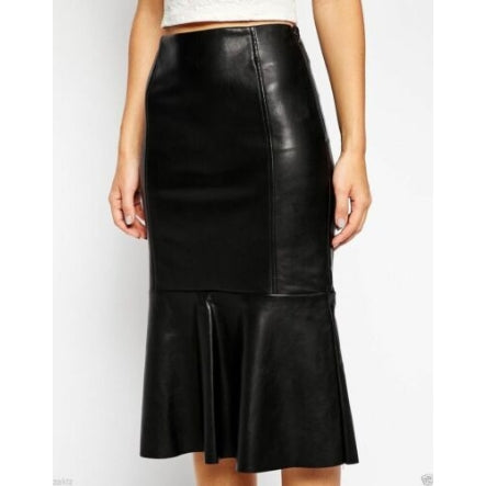 Women's Black Flared Knee Length Skirt Soft Leather Skirt