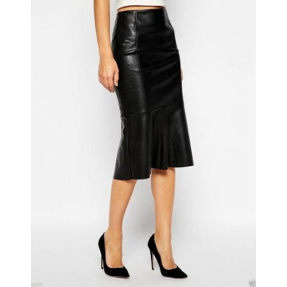 Women's Black Flared Knee Length Skirt Soft Leather Skirt