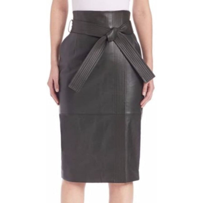 Women's Belted Black Knee Length Real Lambskin Leather Skirt