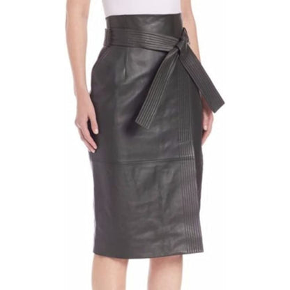 Women's Belted Black Knee Length Real Lambskin Leather Skirt