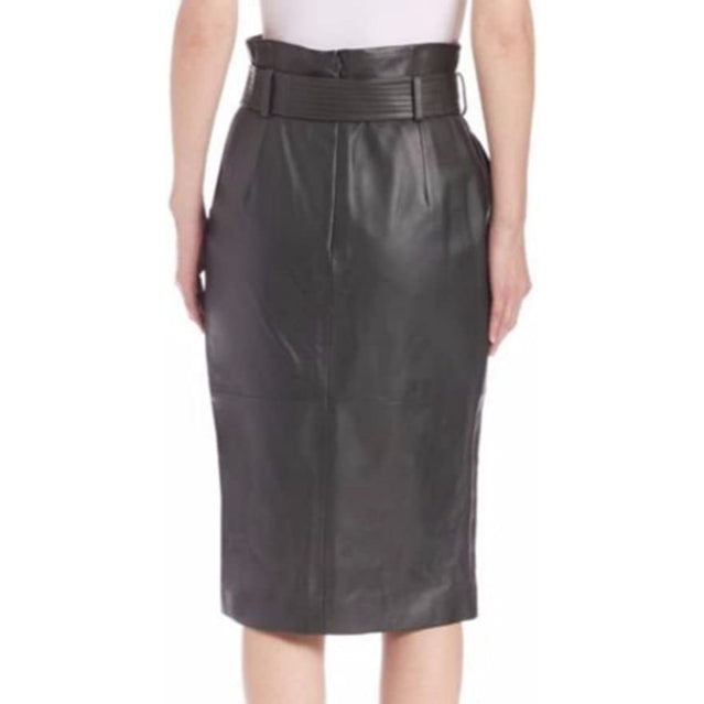 Women's Belted Black Knee Length Real Lambskin Leather Skirt