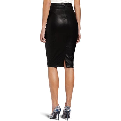 Women's Genuine Lambskin Leather Black Knee Length Skirt