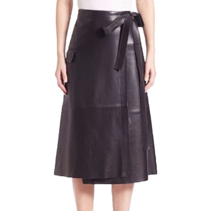 Women's Knee Length Belted & Pocket Genuine Lambskin Leather Black Skirt