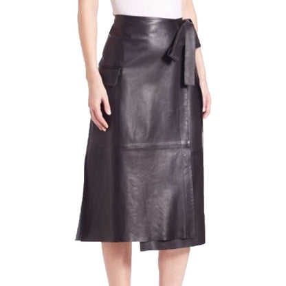 Women's Knee Length Belted & Pocket Genuine Lambskin Leather Black Skirt