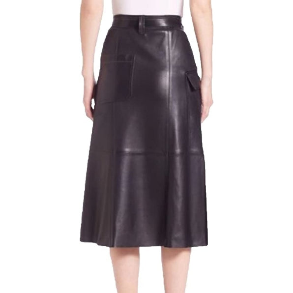 Women's Knee Length Belted & Pocket Genuine Lambskin Leather Black Skirt