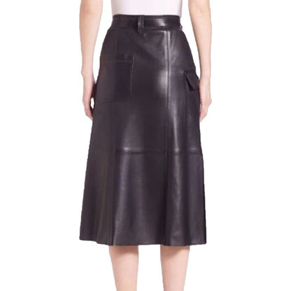 Women's Knee Length Belted & Pocket Genuine Lambskin Leather Black Skirt