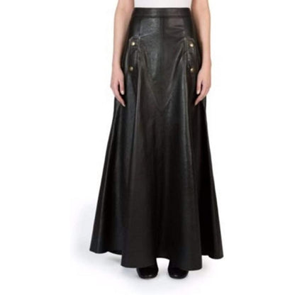 Women's Long Skirt Black Genuine Lambskin Leather