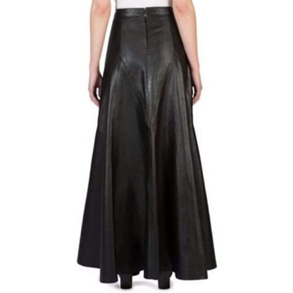 Women's Long Skirt Black Genuine Lambskin Leather