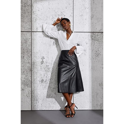 Women's Basic Genuine Lambskin Leather Knee Length Skirt