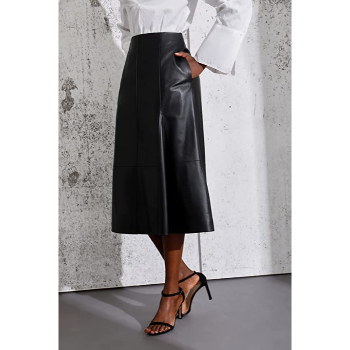 Women's Basic Genuine Lambskin Leather Knee Length Skirt