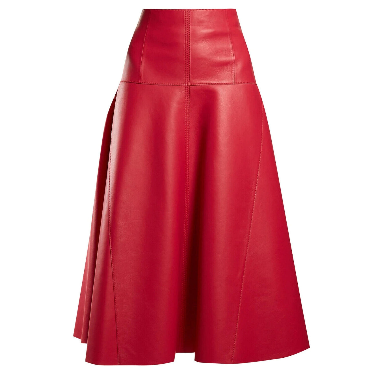 Women's Below the Knee Red Flared Skirt Made with High Quality Leather