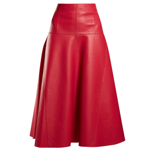 Women's Below the Knee Red Flared Skirt Made with High Quality Leather