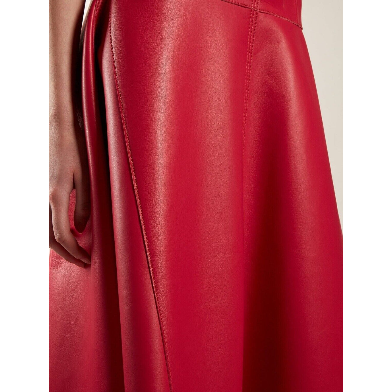 Women's Below the Knee Red Flared Skirt Made with High Quality Leather