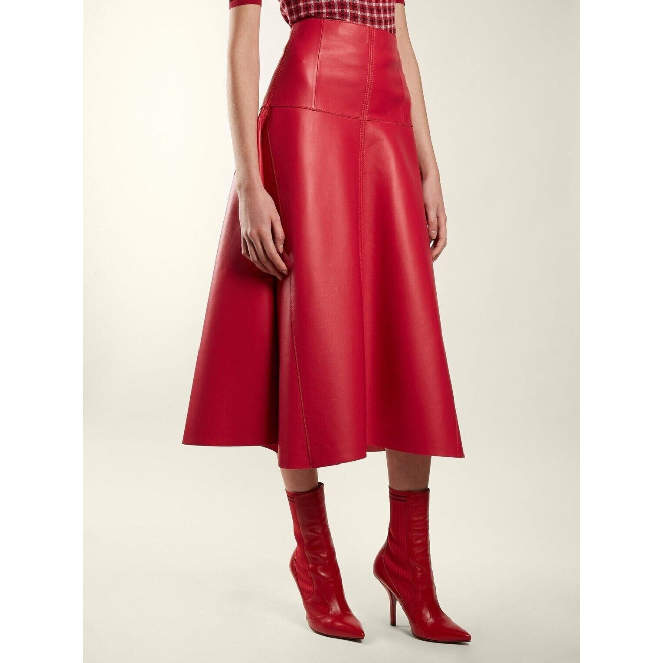 Women's Below the Knee Red Flared Skirt Made with High Quality Leather