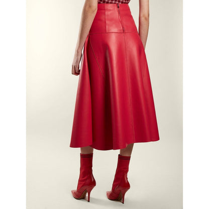 Women's Below the Knee Red Flared Skirt Made with High Quality Leather